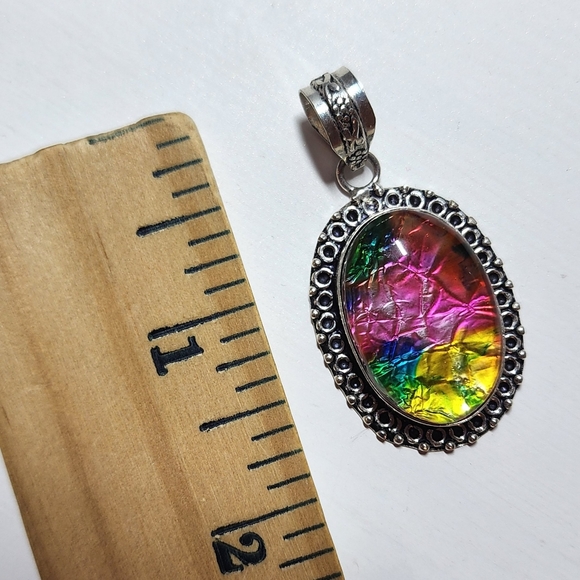 Rainbow Dichroic Glass Pendant Sterling Silver Overlay Hand Crafted Necklace - Picture 8 of 8